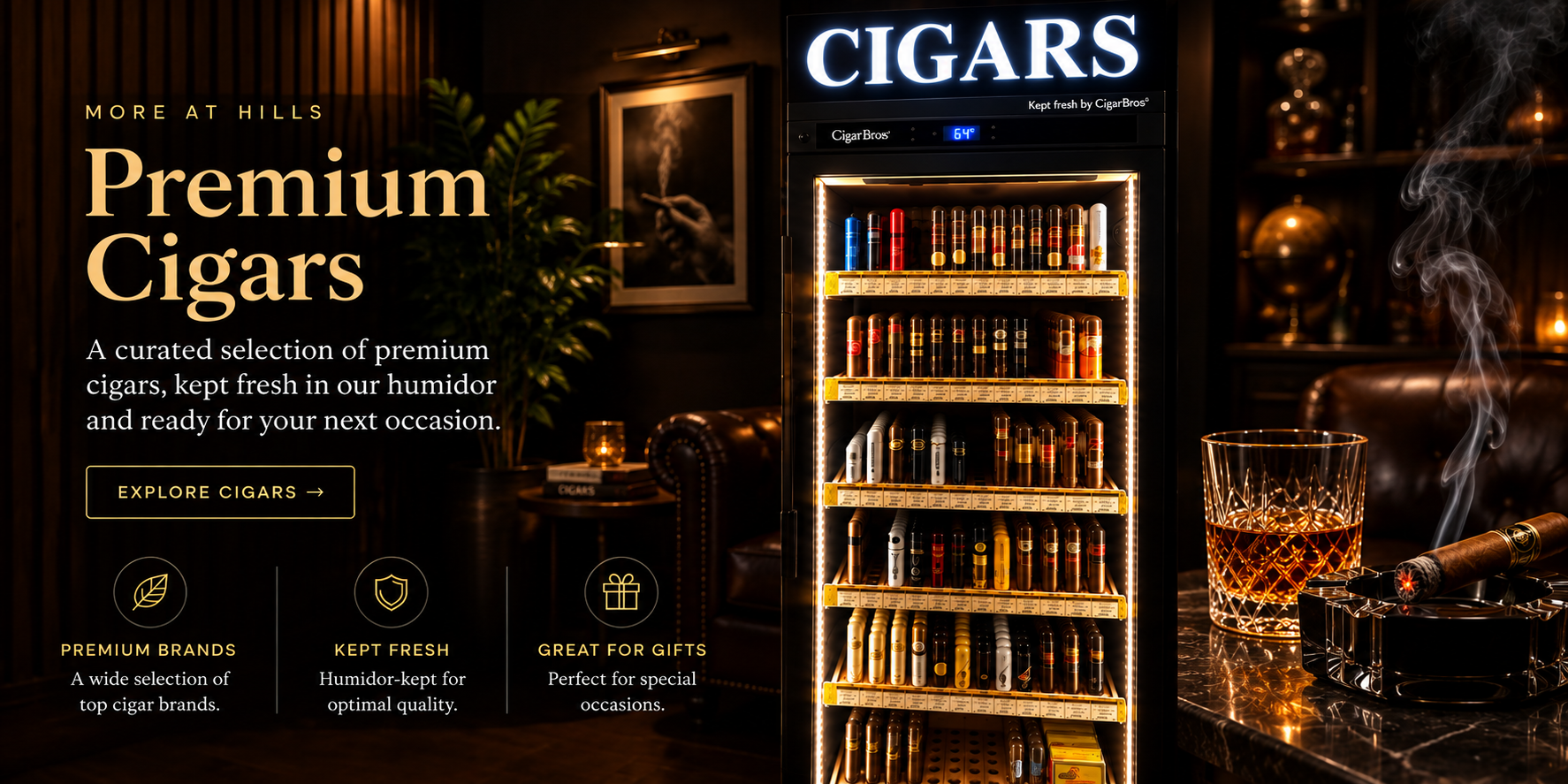 Premium cigar humidor display at Hills Wine & Spirits